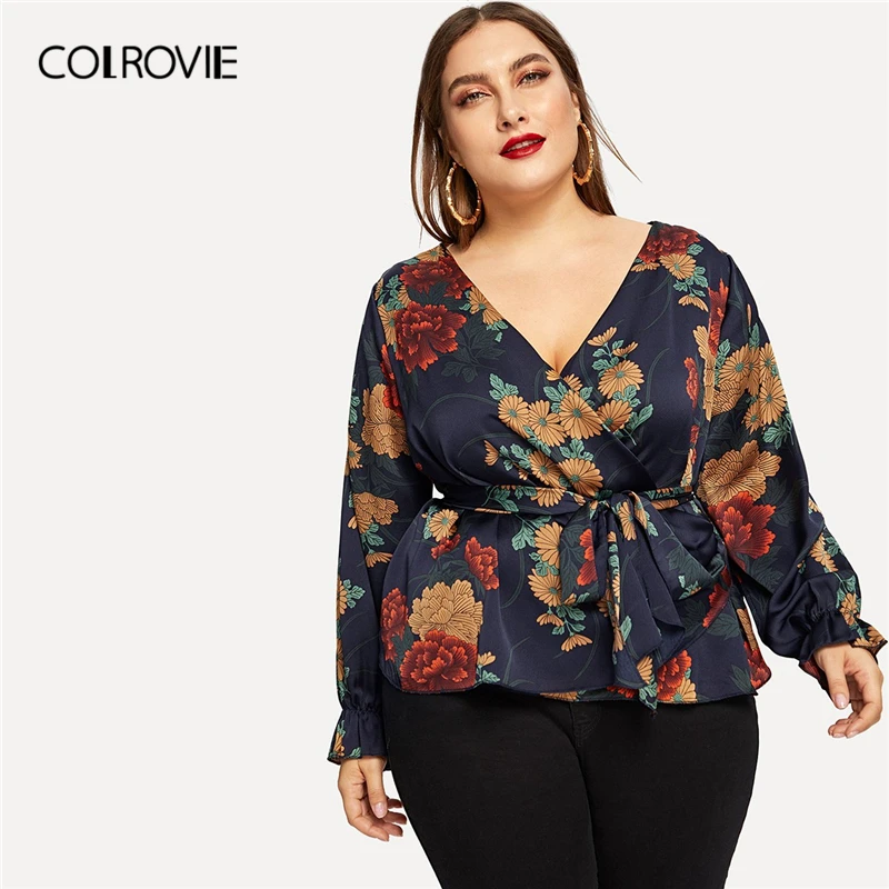 

COLROVIE Plus Size Floral Print Self-Tie Waist Blouse Shirt Women Clothing 2019 Spring Fashion V Neck Shirts Elegant Ladies Tops