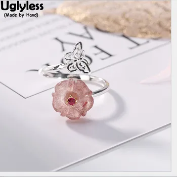 

Uglyless 100% Real 925 Sterling Silver Butterfly Finger Rings for Women Strawberry Quartz Flower Open Ring Female Fine Jewelry