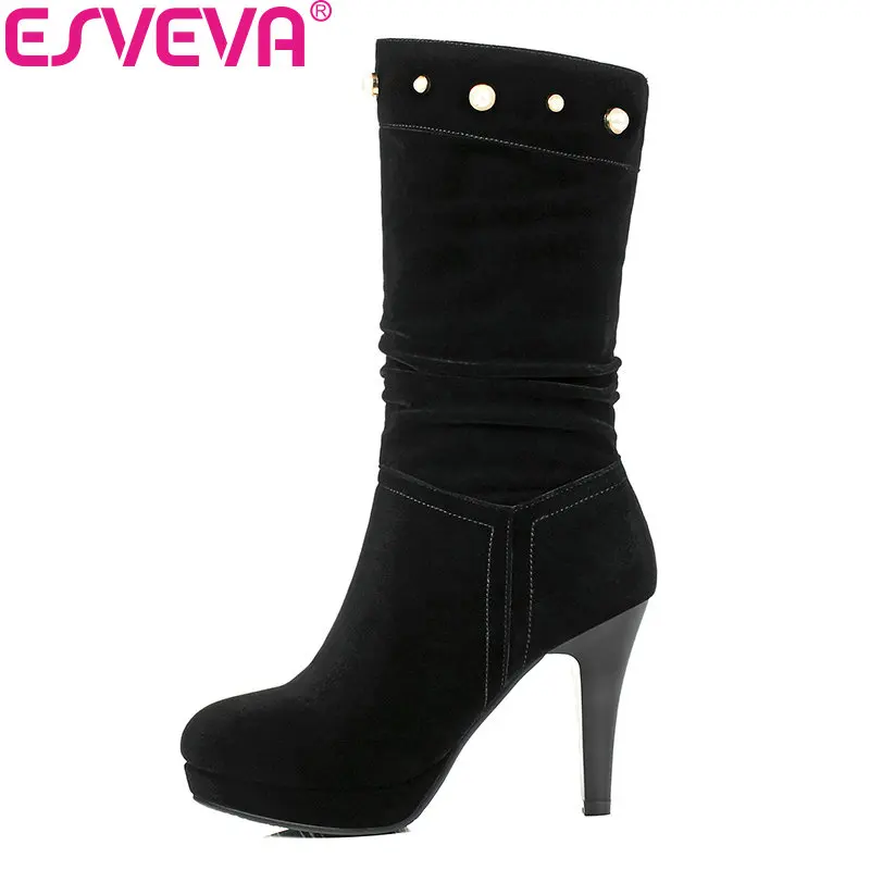 

ESVEVA 2018 Women Boots Round Toe Platform Mid Calf Boots Warm Fur Spring Autumn Boots Thin High Heel Handmade Boots Size 34-39