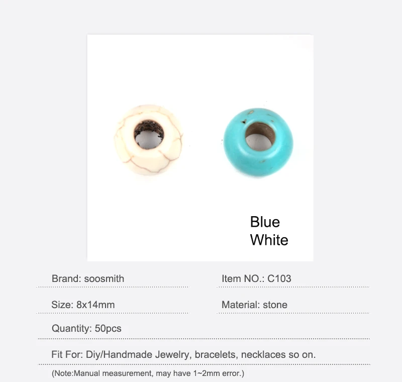 Wholesale Circles Blue White Big Hole Turquoises Bead Natural Stone Beads Loose Spacer Beads For Jewelry Making Diy Bracelet (1)