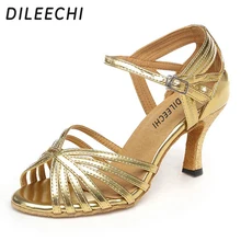 DILEECHI/золотистые женские туфли для латиноамериканских танцев; угловатые танцевальные туфли с мягкой подошвой на высоком каблуке