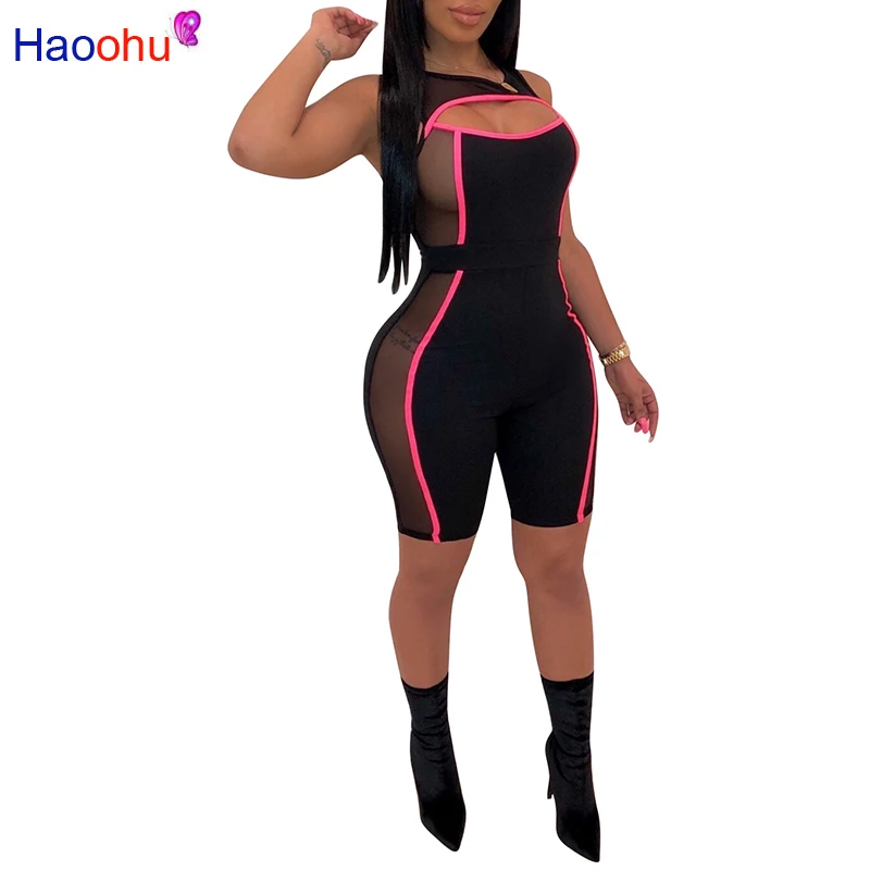 HAOOHU неоновый полосатая сетка Лоскутные шорты Ompers женские комбинезон летние сексуальные костюмы цельнокроеное черное Комбинезоны Bodycon