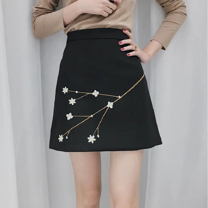 

2019 Women'S Harajuku Spring Korea High Waist Thin Floral Plum Embroidery Skirt Female Cute Korean Kawaii Skirts For Women