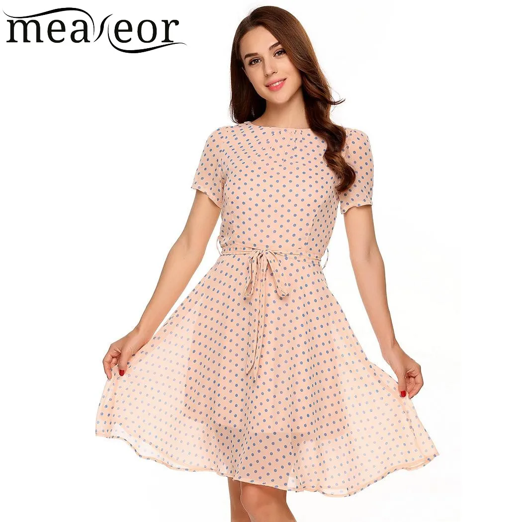 Meaneor Women Dot Lining Mini Dress Belt O-Neck Short Sleeve Empir...