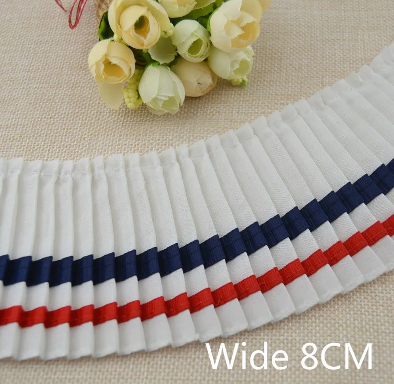

8CM Wide College Style Blue Red Striped Pleated Chiffon Lace Applique Ribbon Collar Neckline Dress Edge Trim DIY Sewing Supplies