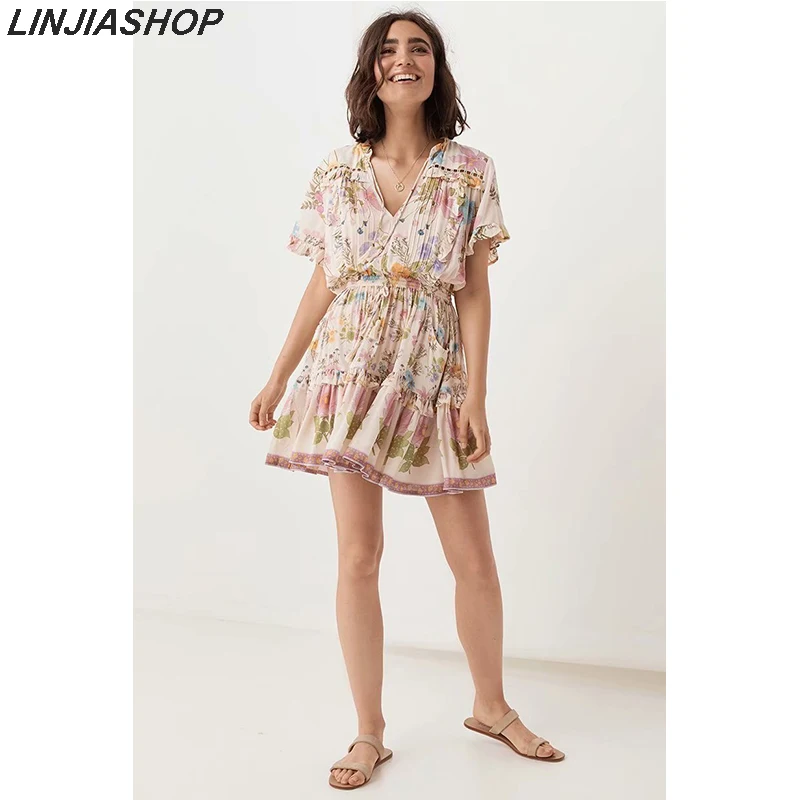 

Boho women's mini dress 2 color A line ruffles tassel sashes v neck puff sleeve loose plus size rayon dresses