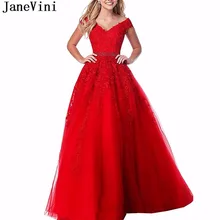 JaneVini элегантное красное платье для выпускного вечера с длинным v-образным вырезом кружево с аппликацией и бисером трапециевидной формы длиной до пола тюлевые платья выпускного вечера Vestidos Largos