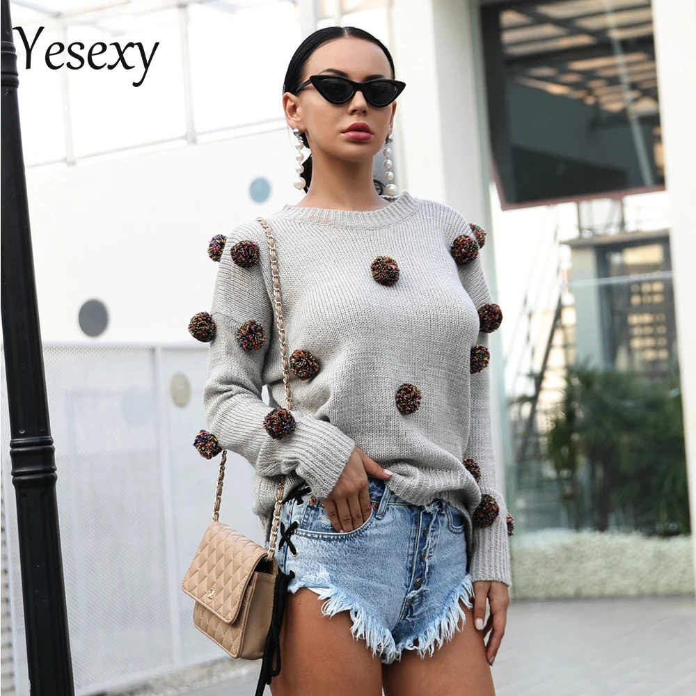 Yesexy, осенне-зимний свободный свитер с круглым вырезом, Женский Декоративный вязаный свитер TB0046