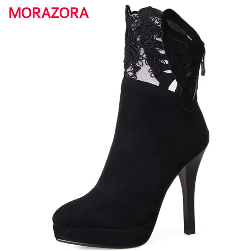 

MORAZORA big size round toe super high heel platform boots stiletto heel ankle boots for women autumn winter zip boots