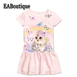 Eaboutique/Новая летняя одежда для девочек милый мультфильм котенок с бабочкой узор Повседневное платье для девочек малышей платья
