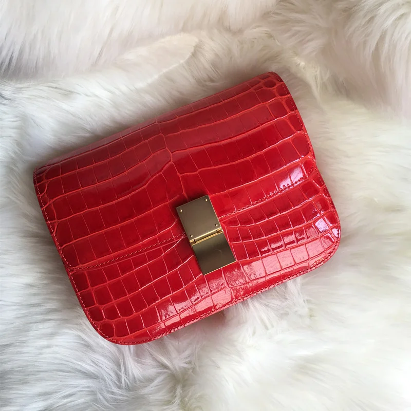 

Leather Bags New Crocodile Pattern Bean Curd Bag Box Cowhide Small Square Bag Retro Simple Single Shoulder Skew Spanning Bag