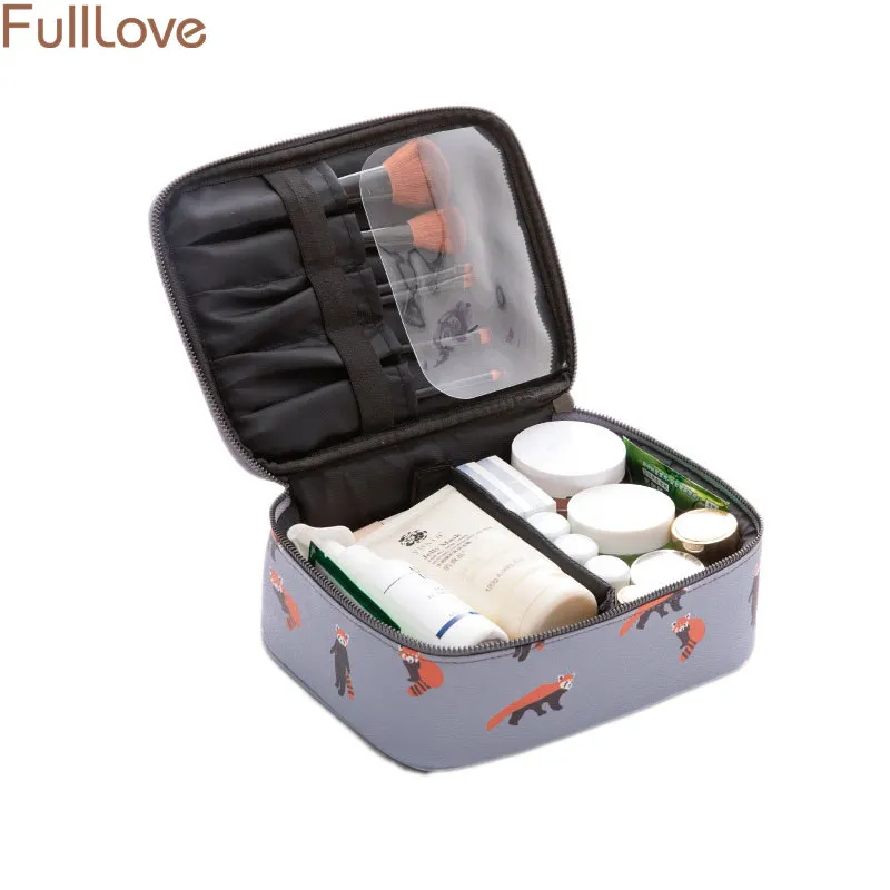 

23*17*8cm Cartoon Fox Printed Cosmetic Bag PU Zipper Makeup Organizer Box Women Travel Toiletry Bag Gray Cosmetic Bags & Cases