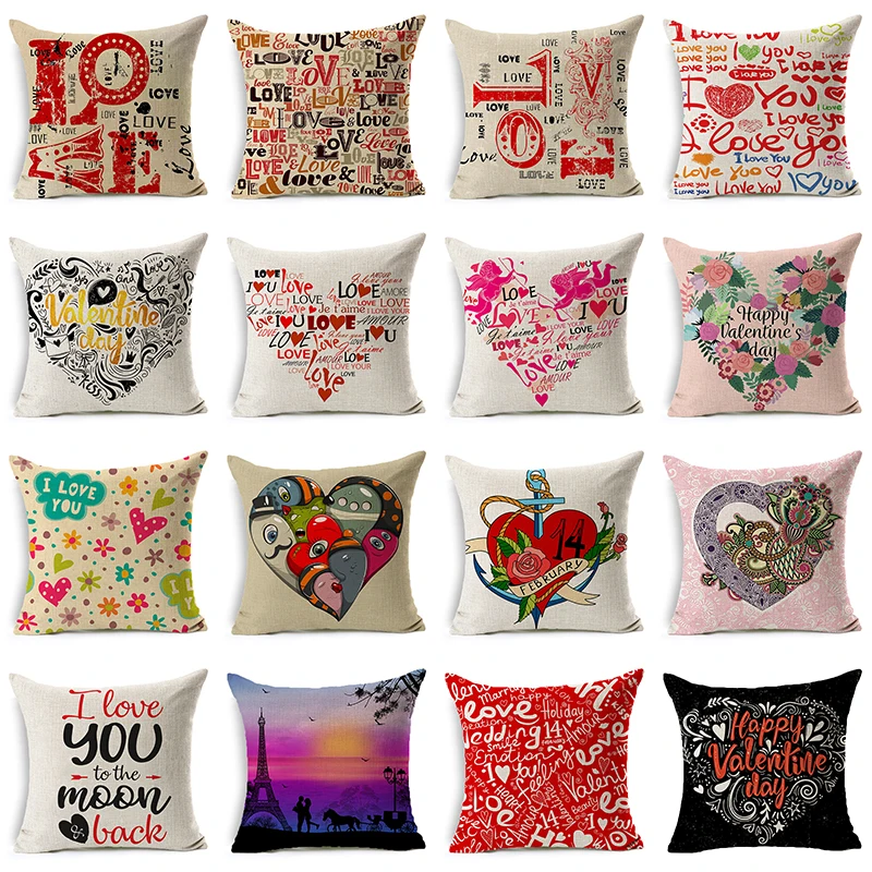 

Valentine's Day Cushion Cover Linen Cotton Letter Heart Printing Home Sofa Decorative Throw Pillow Cover Comfortable Pillow Case