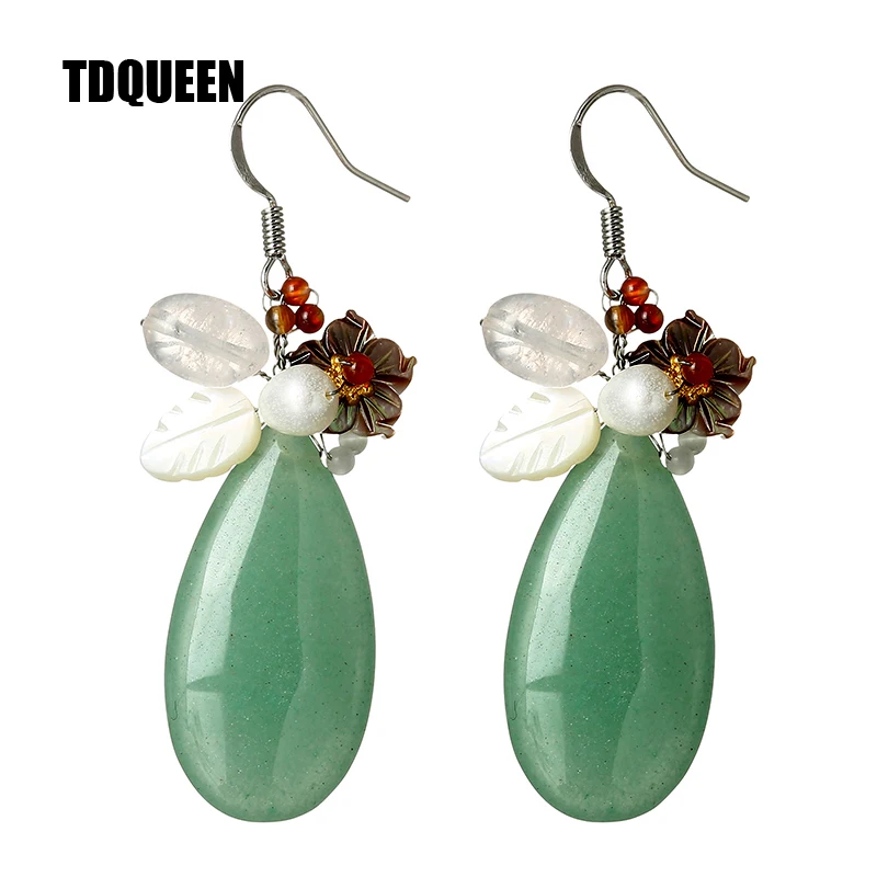 

TDQUEEN Dangle Earrings for Women Ethnic Vintage Boho Jewellry Large Green Stone and Natural Pearl Shell Flower Drop Earrings