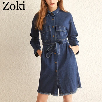

Zoki Plus Size Vintage Women Long Jackets Autumn Winter Blue Denim Long Sleeve Thick Coats Tassel Female Street Wear Jeans 2020