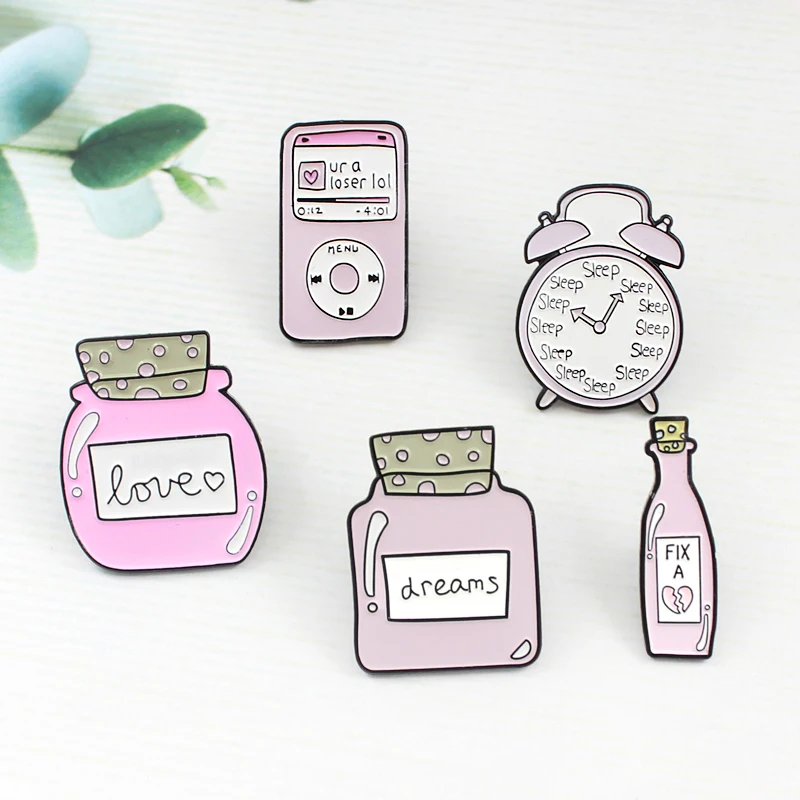

Cartoon Sleep Alarm Clock MP3 Brooch Pink Dream Love Bottle FIX Magic Potion Enamel Pin Sweater Backpack Badge Friends Gifts