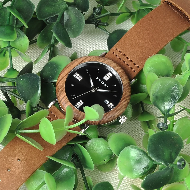 BOBO BIRD Men Watch Quartz Watches Stainless Steel Watch Imitation diamond with Leather Strap for Women in Gift Box custom logo