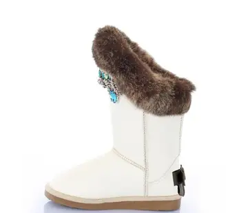 

Chocolate color ladies shoes 2018 winter women white snow boots fur Keep warm flats mid-calf boots Handmade Rhinestone boots