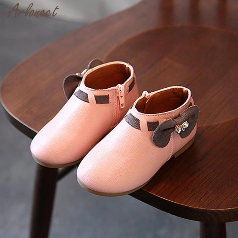 

2019 shoes baby girl winter solid bow baby shoes PU Zip shoes for baby boots girls 27