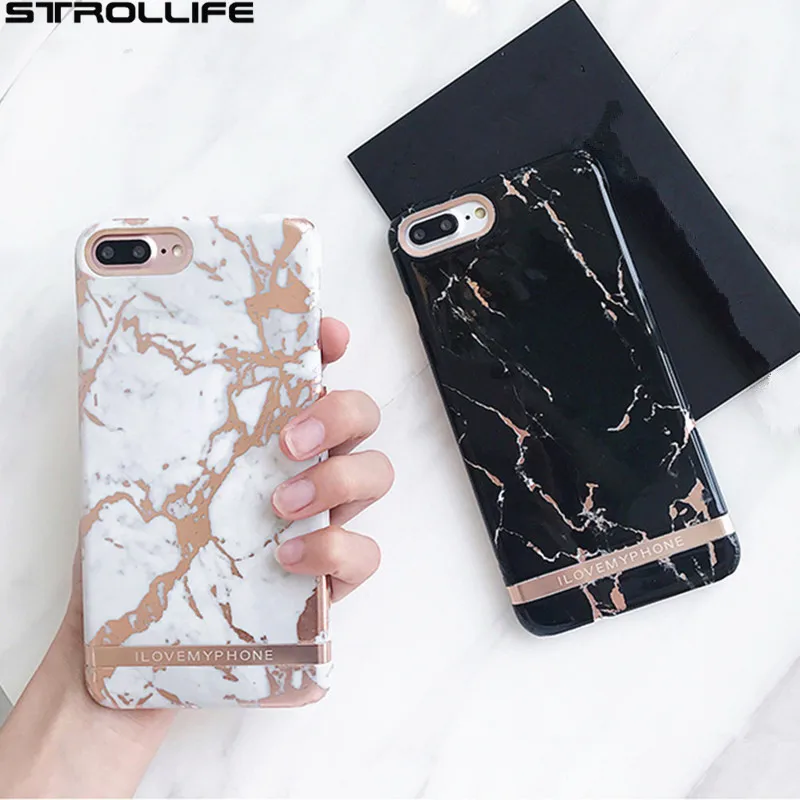 

STROLLIFE Rose Gold Marble Print Phone Case For iPhone 6 Luxury Golded stripes Line Hard PC Back Cover Coque For iPhone 6S 7Plus