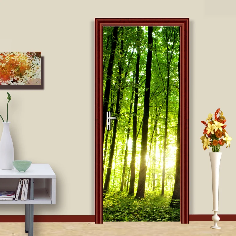Green Forest 3D Door Sticker Mural PVC Self adhesive Waterproof Wallpaper Living Room Bedroom Door Decoration 3D Wall Painting what are green forest’s songs about