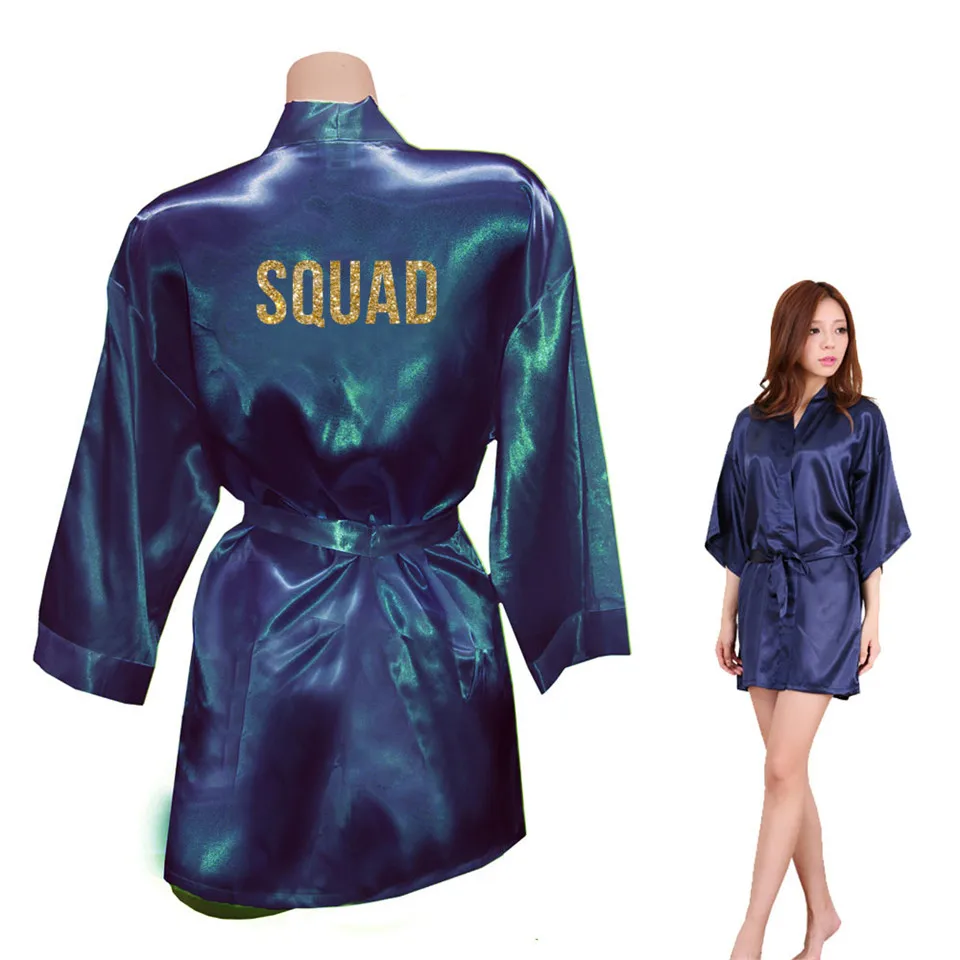 Отряд "невеста" Золотой блестящий принт кимоно халаты искусственный шелк для женщин девичник Свадьба Wear Одежда Pajamass - Цвет: Navy Blue