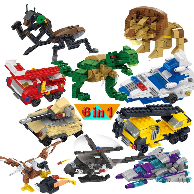 

6 In 1 DIY Building Blocks Construction Toys Hobbies Kids Puzzle Military Dinosaur Mini Model Car Animal Planet Battleship