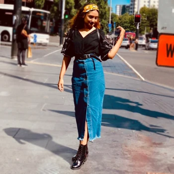 

Plus Size Moroccan Skirt Women Denim Bodycon Skirt Long Bow Dubai Turkish Islamic Casual Jeans Skirts Solid Color Muslim Denim