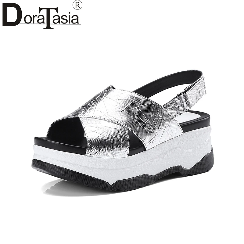 

DoraTasia Cow Genuine Leather Cross Buckle Strap Hook Loop Platform Wedges High Heels Shoes Woman Summer Solid Date Sandals