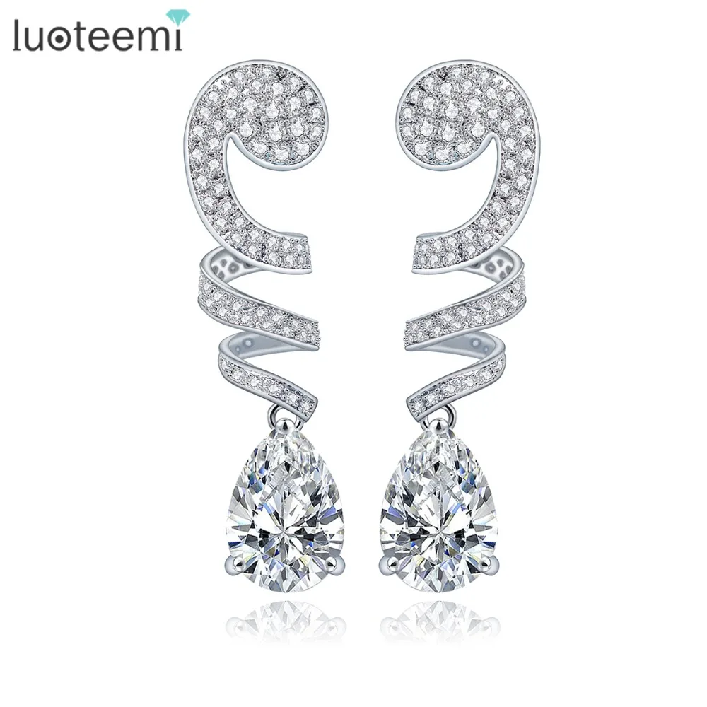 

LUOTEEMI Water Drop CZ Crystal Bending Long Earrings for Wedding Jewelry White Gold-Color Dangling Earrings Vintage Brincos