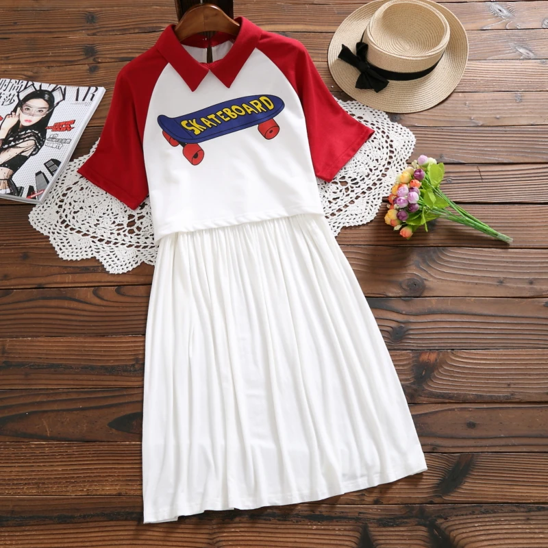 

Mori Girl Summer Women 2 Pieces Mini Dress Turn-Down Collar Cartoon Letter Print Female Elbise Short Sleeve Elegant Casual Dress