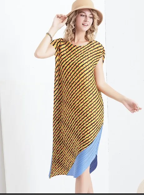 photo color Miyake fold Matt без рукавов модное лоскутное саржевое платье в горошек с круглым вырезом асимметричное платье доступно - Color: photo color