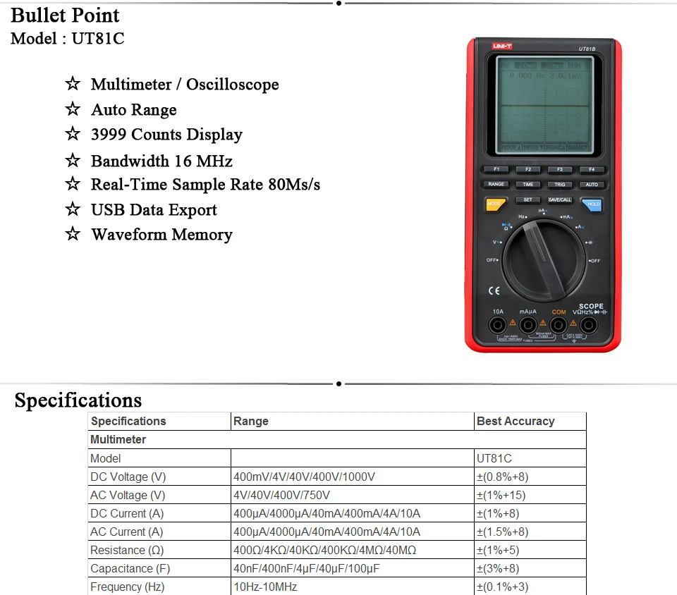 UT81C 1000 в 10 а область Цифровой мультиметр мини осциллограф Multimetro вход Высокая чувствительность диод USB интерфейс ПК Мягкий