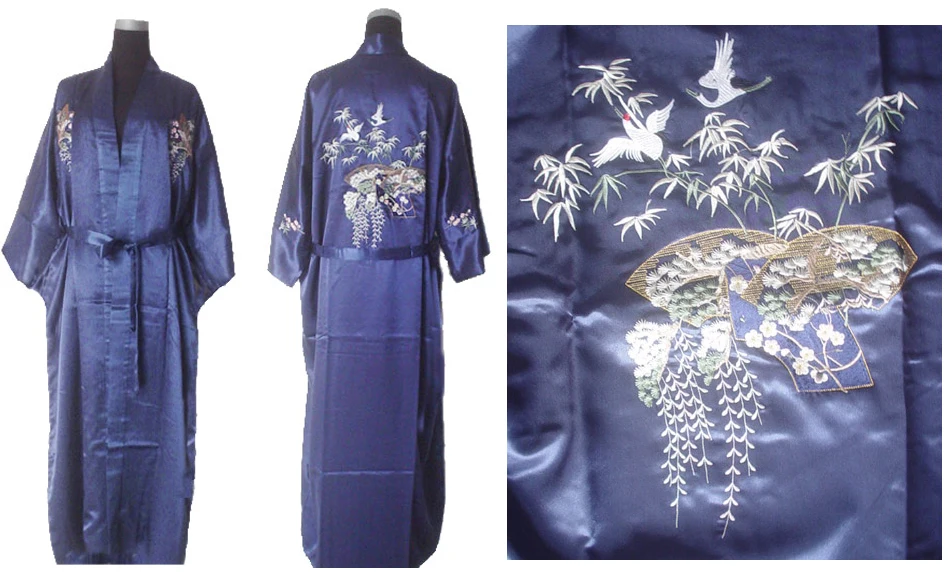 Женский халат китайский традиционный стиль вышивка бамбук и кран халат-кимоно с поясом ночной халат