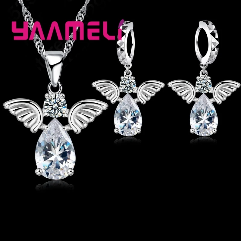 Sale Specials Cute Angel Shape Jewelry Sets Crystal 925 Sterling Silver Pendant Necklace And Earring Set Lady Birthday Free Ship | Украшения