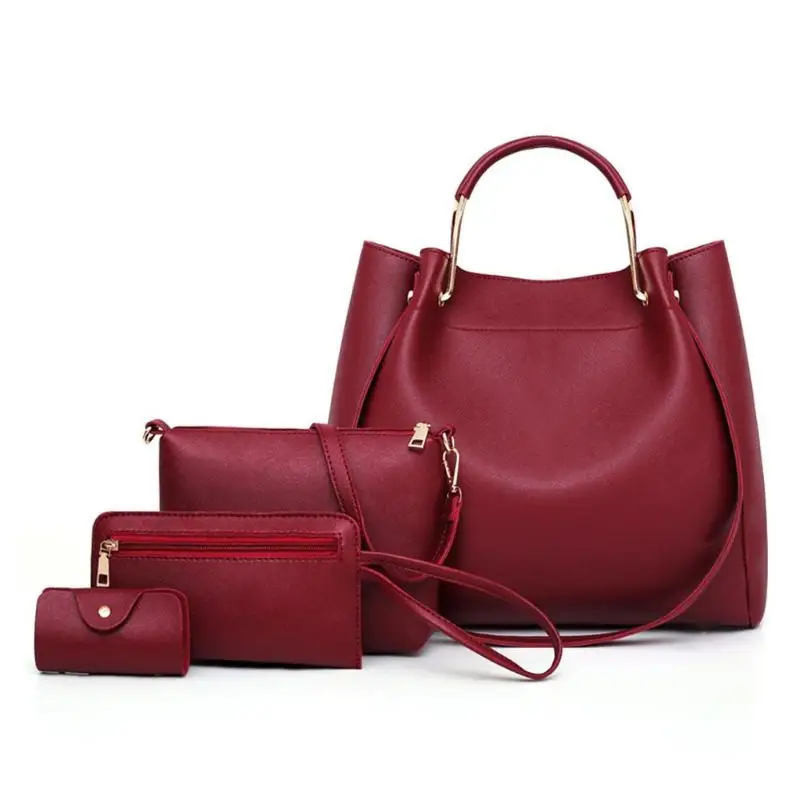 4 шт./компл. из искусственной кожи роскошные женские сумки повседневные сумки винтажная сумка на плечо большая емкость кошелек сплошной цвет держатель для карт клатч - Цвет: Красный