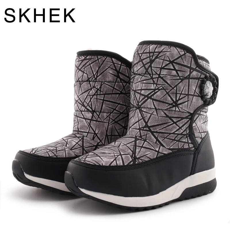 

SKHEK Brand Winter Children PU Fashion Boots For Girls Ankle Cotton Fabric Flat With Snow Boots Unisex Round Toe Shoes