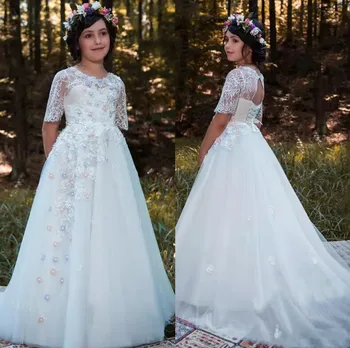 

Exquisite White Fluffy Flower Girl Dresses For Weddings Beads Lace Up Open Back Kids Pageant Party Gown
