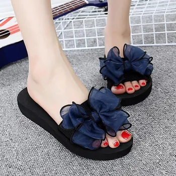 

2019 New Sweet Summer Women Slippers Gauze Bowknot Flat Anti Skid Beach Casual Shoes Girl Sandals Shoes Woman Chaussure Femme