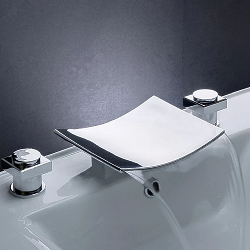 

Modern Waterfall Basin Faucet Bathroom Square Chrome Finish Deck Mounted Sink Faucets Dual Handle Three-hole Mixer Tap LT-102