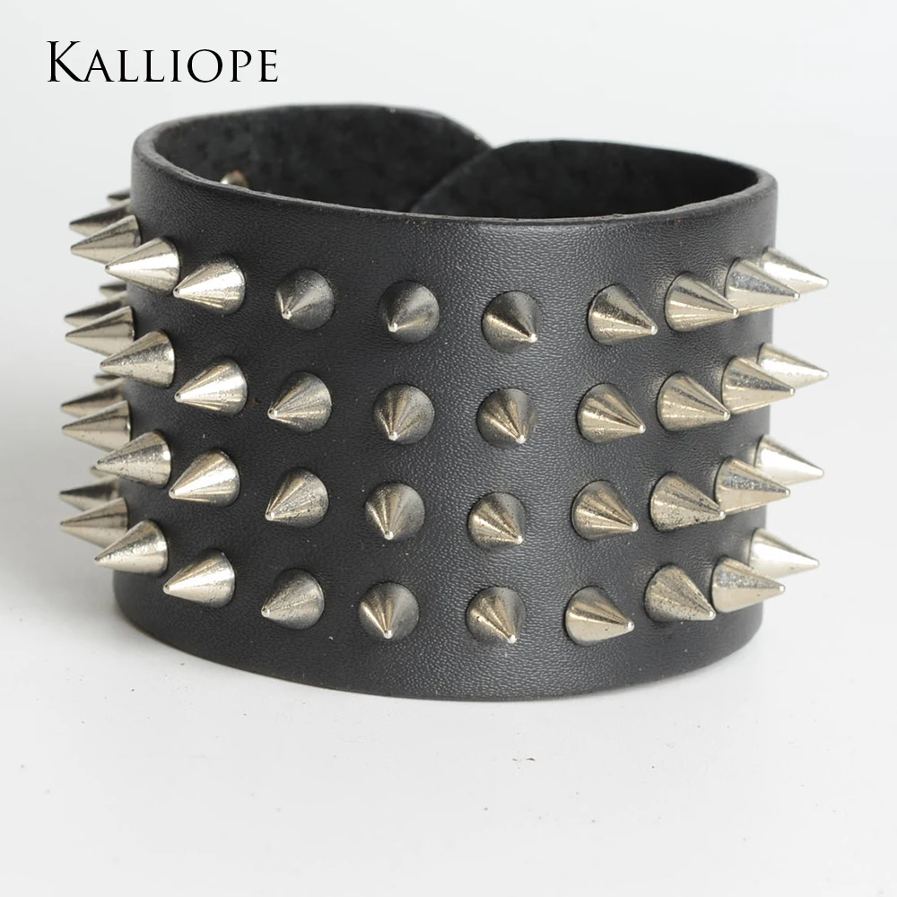В Стиле Ретро панк четыре ряда заклепки широкий версия кожаный браслет модный мужской Bijoux