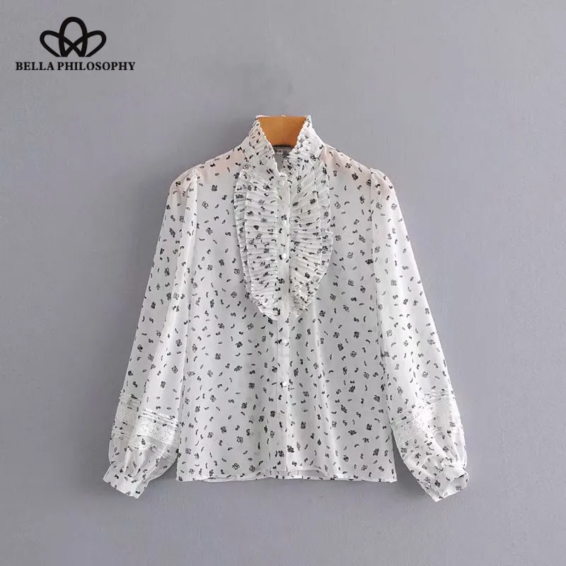 Wonder 2018 vintage laminated ruffles print chiffon smock Shirt blouses women lace splicing chic femininas blusas pleated tops