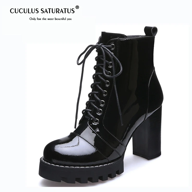 

Cuculus 2019 high quality genuine leather boots women lace up autumn winter ankle boots for women platform high heels boots 1490