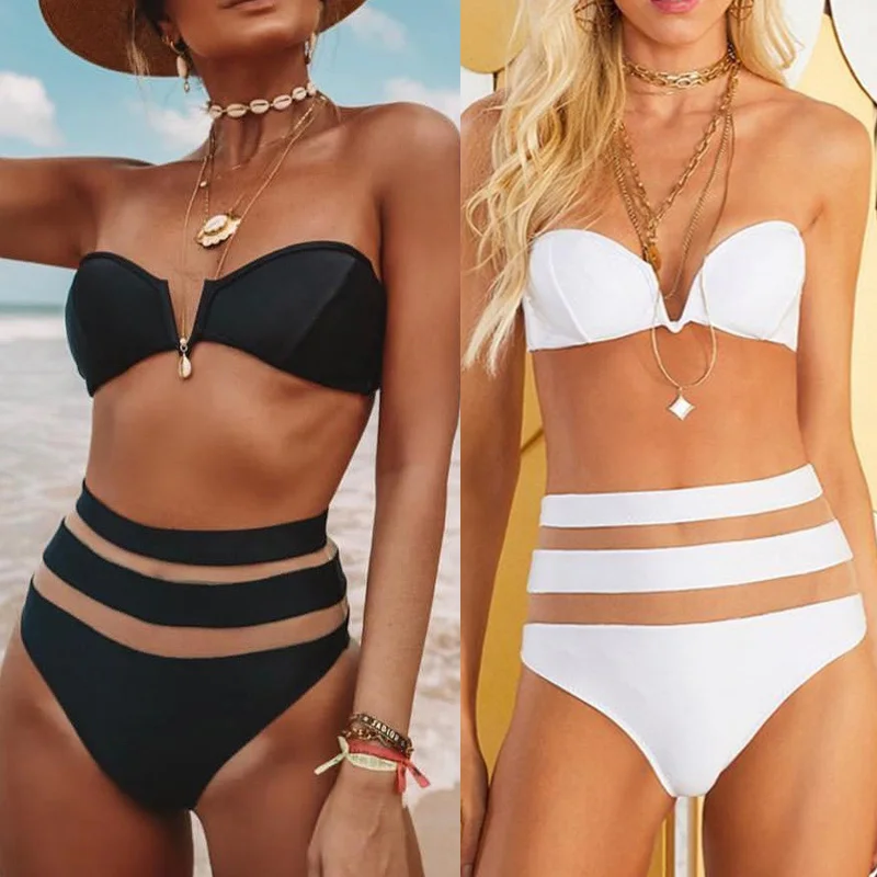 

Women High Waist Bikini Set Swimwear Mesh Stitching Beachwear Bathing Suit for Summer FI-19ING