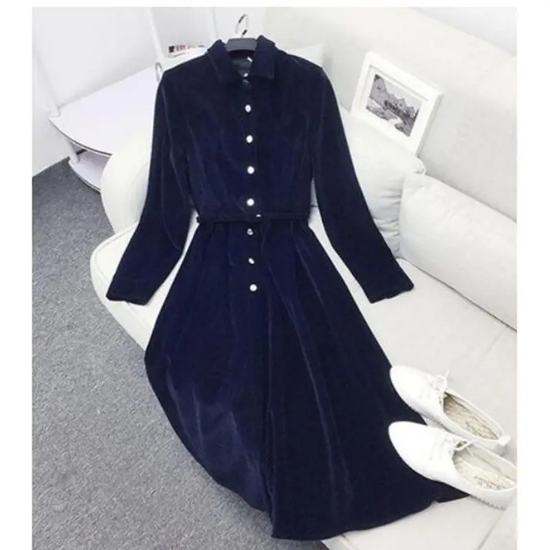 Осенняя и зимняя женская одежда, ретро вельветовое платье длиной до лодыжки, однобортное теплое бархатное платье, черная, Синяя Женская одежда