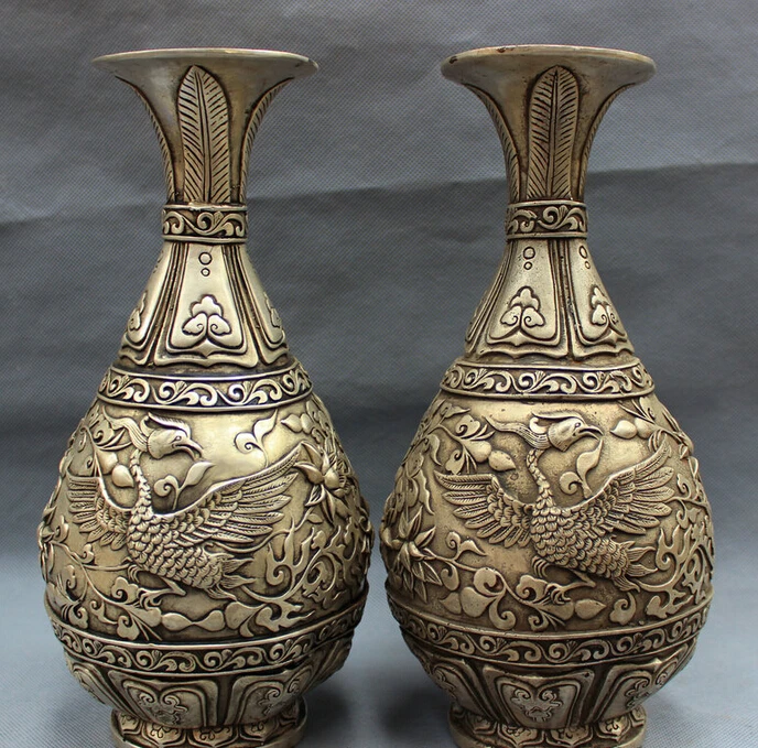 

Collectible bronze S1331 11" Chinese Silver Folk Buddhism Fly Bird Phoenix Statue Flower Pot Vase Pair (B0413)