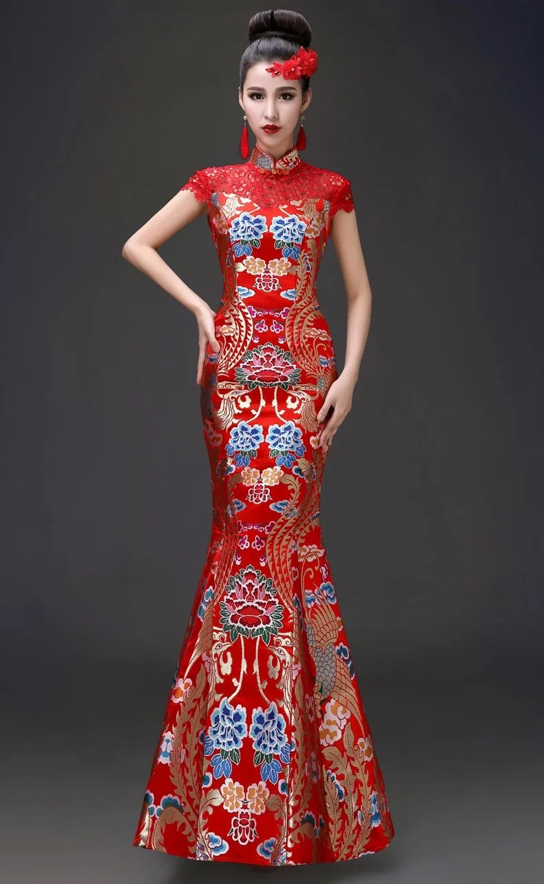 Китайский вечерние платья Cheongsam красный полые спинки Атлас дракон феникс Ципао вечернее Лето рыбий хвост длинное свадебное платье