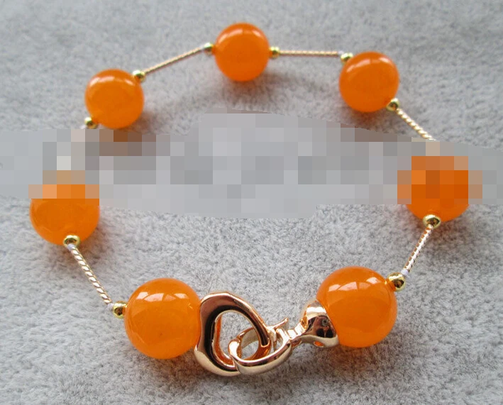 

free shipping 00926 perfect round orange jade bracelet - gold plated clasp