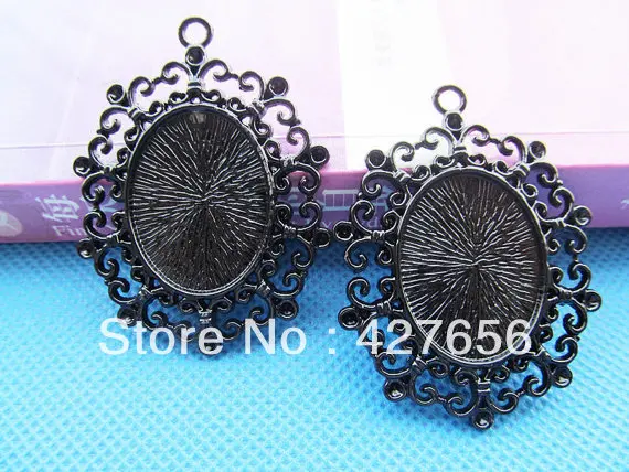

Large Heavy Black Oval Frame Base Setting Bezel Tray Pendant Charm/Finding,Hollow Flower Border,fit 19mmx25mm Cabochon /Cameo