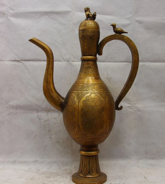 

Elegant old S0511 China Palace Copper Brass Foo Dog Lion Bird kettle bottle Flask Wine Pot Teapot A0403